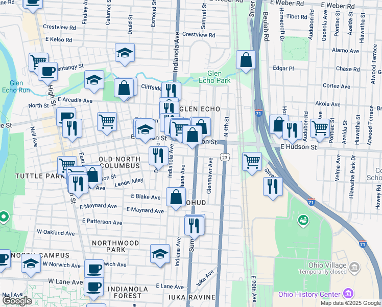 map of restaurants, bars, coffee shops, grocery stores, and more near 373 East Tompkins Street in Columbus