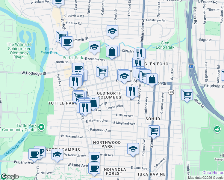 map of restaurants, bars, coffee shops, grocery stores, and more near 205 East Tompkins Street in Columbus