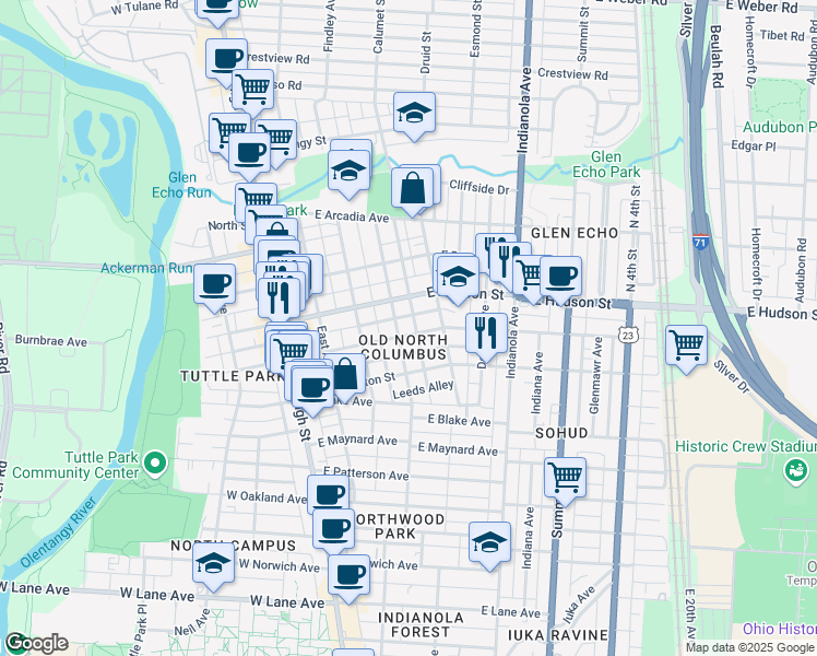 map of restaurants, bars, coffee shops, grocery stores, and more near in Columbus