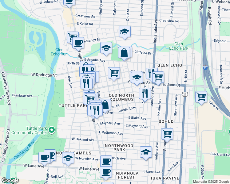 map of restaurants, bars, coffee shops, grocery stores, and more near in Columbus