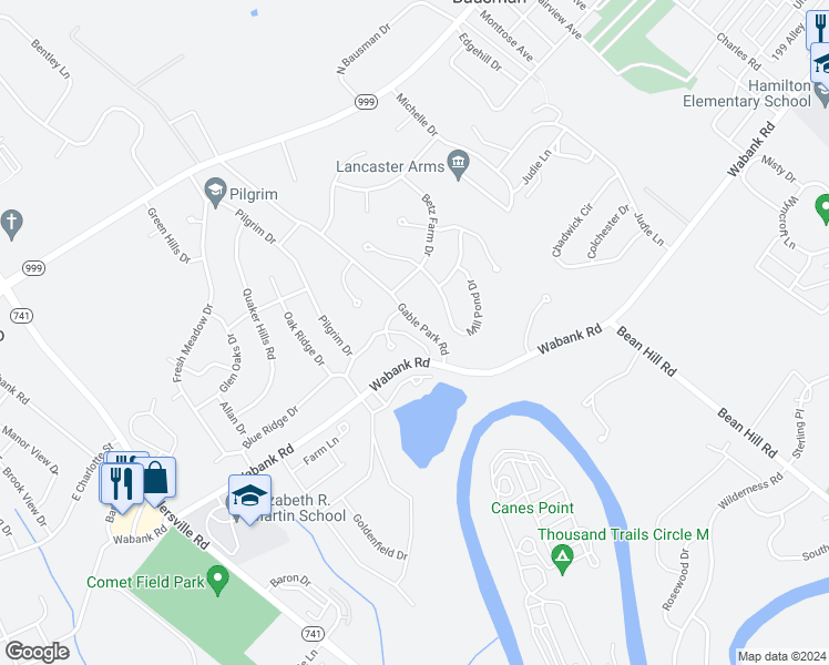 map of restaurants, bars, coffee shops, grocery stores, and more near 19 Park Lane in Lancaster