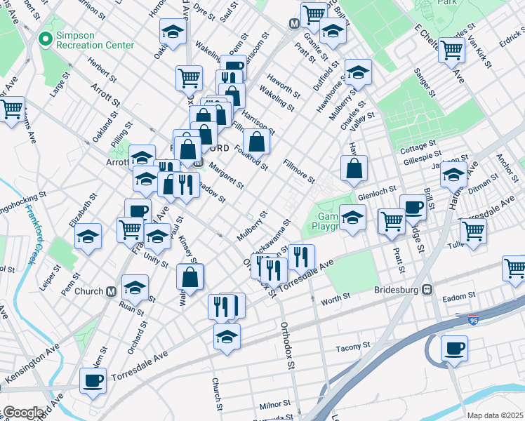 map of restaurants, bars, coffee shops, grocery stores, and more near 4671 Mulberry Street in Philadelphia