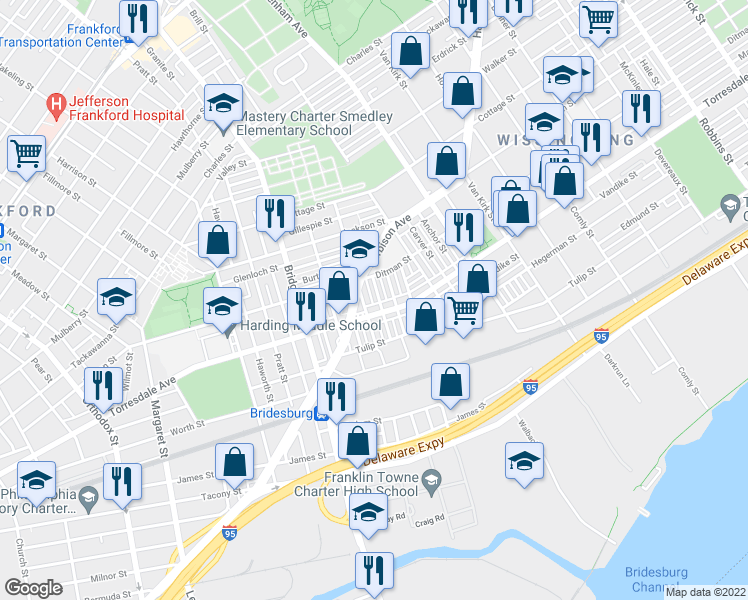 map of restaurants, bars, coffee shops, grocery stores, and more near 2082 Larue Street in Philadelphia
