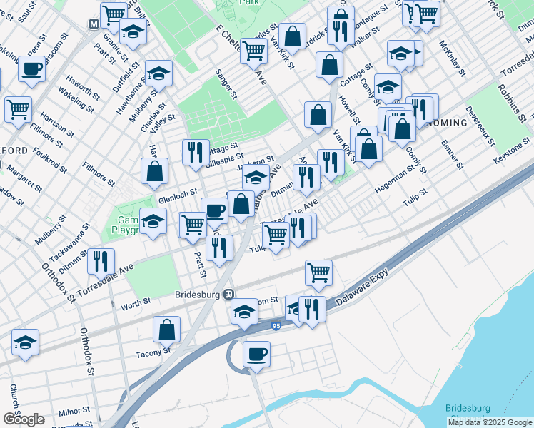 map of restaurants, bars, coffee shops, grocery stores, and more near 2082 Larue Street in Philadelphia