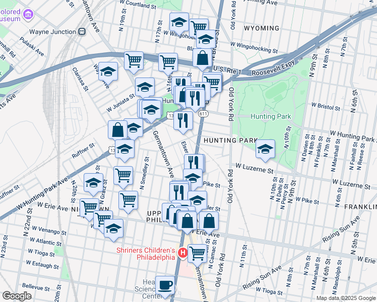 map of restaurants, bars, coffee shops, grocery stores, and more near 3951 Elser Street in Philadelphia