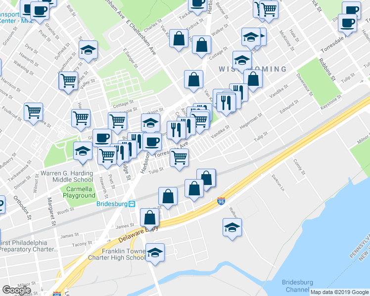 map of restaurants, bars, coffee shops, grocery stores, and more near 5447 Torresdale Avenue in Philadelphia