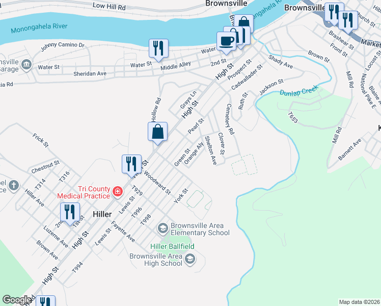 map of restaurants, bars, coffee shops, grocery stores, and more near 525-531 Howard St in Brownsville
