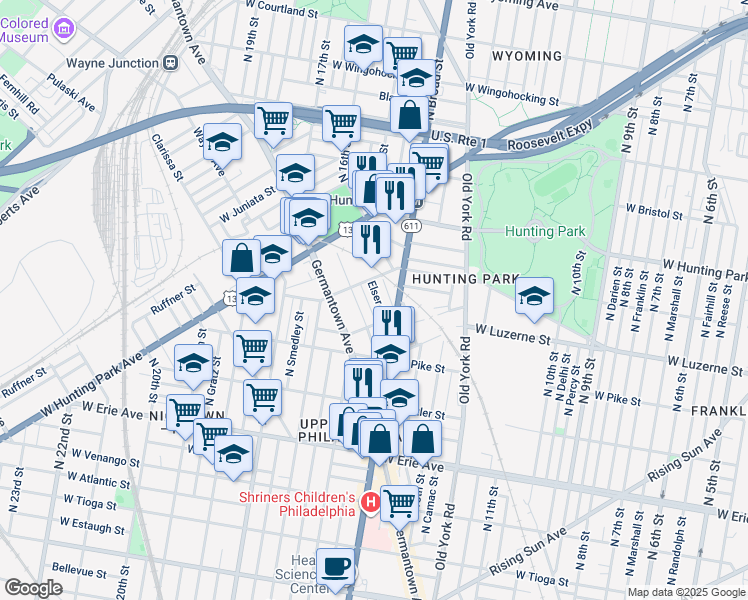 map of restaurants, bars, coffee shops, grocery stores, and more near 3952 Elser Street in Philadelphia