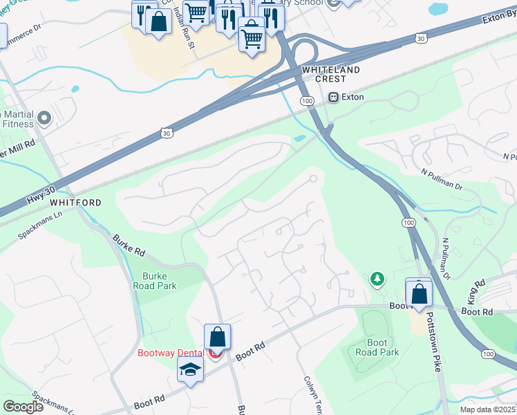 map of restaurants, bars, coffee shops, grocery stores, and more near 200 Snowberry Way in West Chester