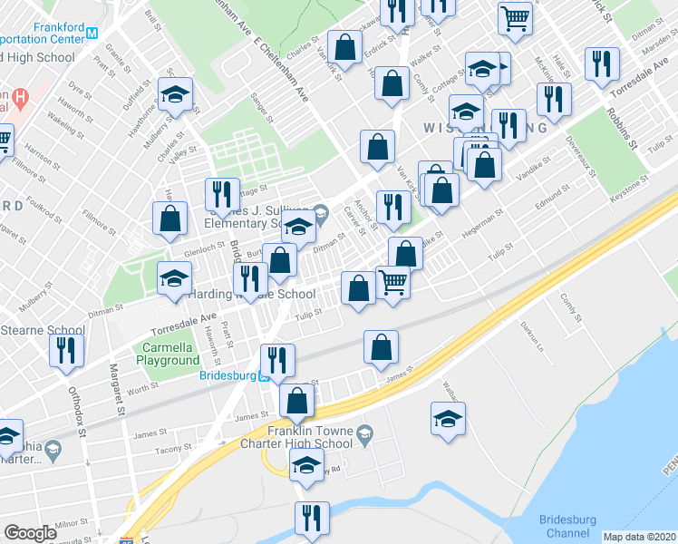 map of restaurants, bars, coffee shops, grocery stores, and more near 5428 Torresdale Avenue in Philadelphia