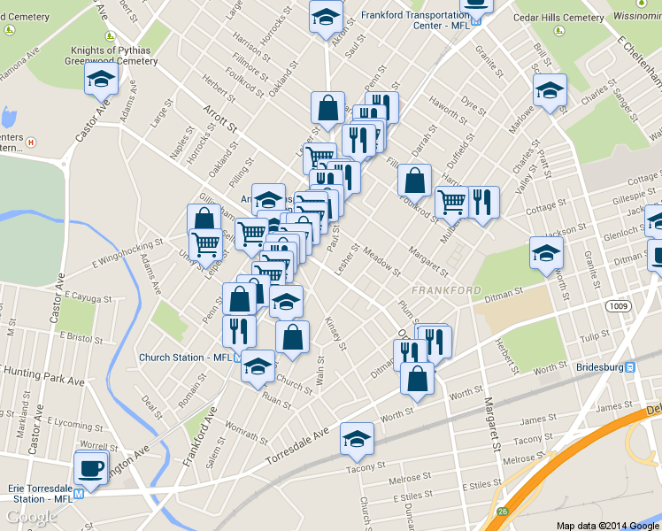 map of restaurants, bars, coffee shops, grocery stores, and more near 1643 Orthodox St in Philadelphia