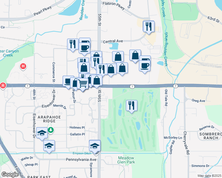 map of restaurants, bars, coffee shops, grocery stores, and more near 5600 Arapahoe Avenue in Boulder