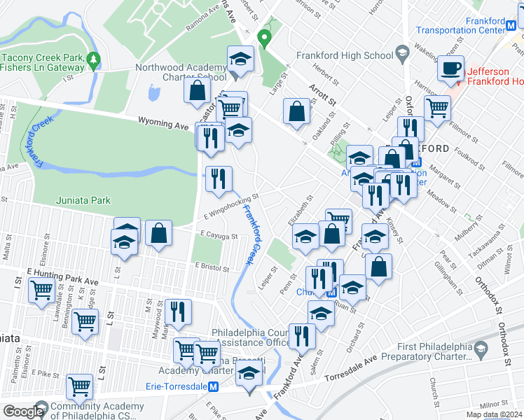 map of restaurants, bars, coffee shops, grocery stores, and more near 1226 Adams Avenue in Philadelphia