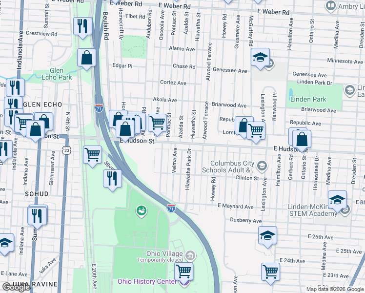 map of restaurants, bars, coffee shops, grocery stores, and more near 853 East Hudson Street in Columbus