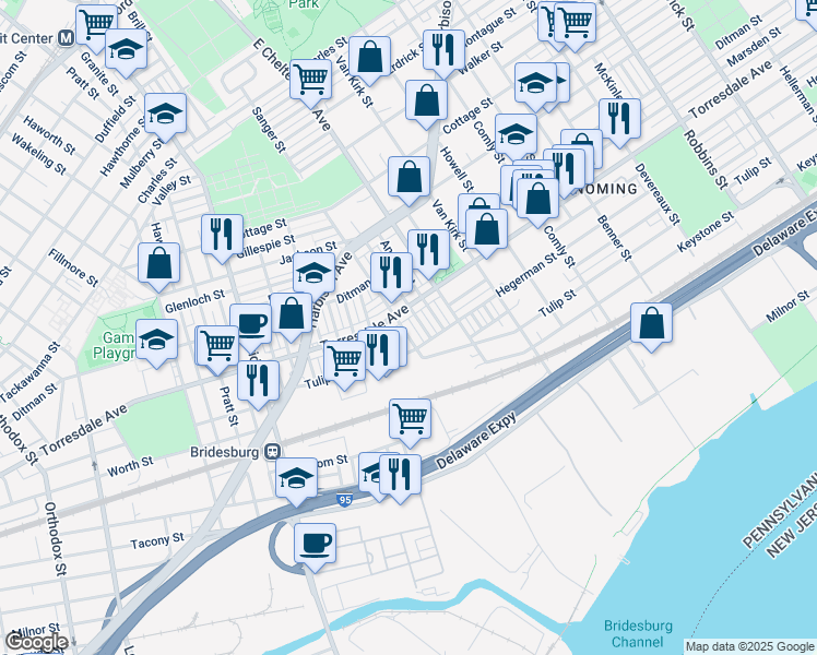 map of restaurants, bars, coffee shops, grocery stores, and more near 2121 East Sanger Street in Philadelphia