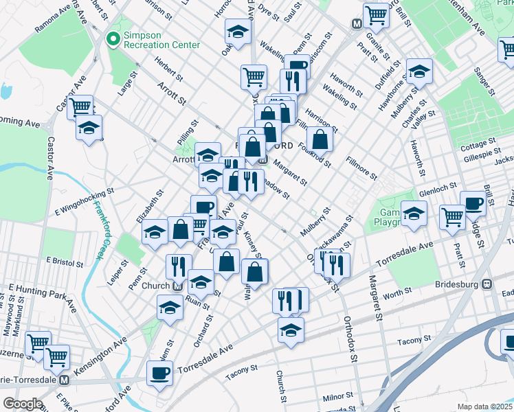 map of restaurants, bars, coffee shops, grocery stores, and more near 1645 Orthodox Street in Philadelphia