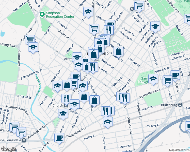 map of restaurants, bars, coffee shops, grocery stores, and more near 1643 Orthodox St in Philadelphia