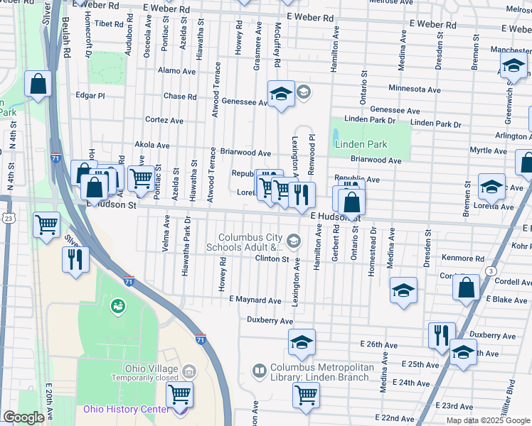 map of restaurants, bars, coffee shops, grocery stores, and more near East Hudson Street in Columbus