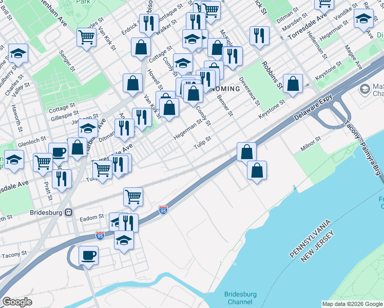 map of restaurants, bars, coffee shops, grocery stores, and more near 4914 Van Kirk Street in Philadelphia