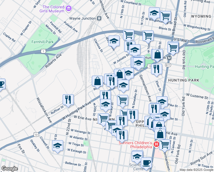 map of restaurants, bars, coffee shops, grocery stores, and more near 3933 Alfred Street in Philadelphia