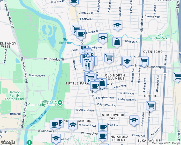 map of restaurants, bars, coffee shops, grocery stores, and more near 2553 North High Street in Columbus