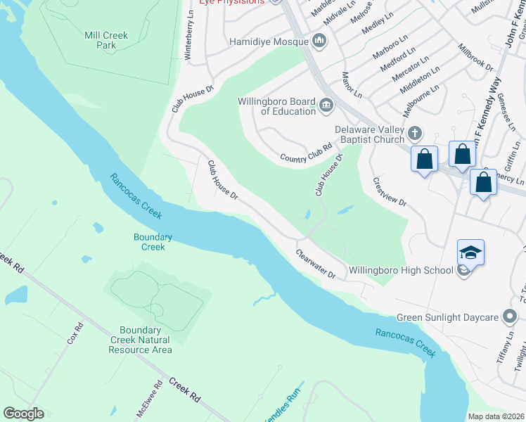 map of restaurants, bars, coffee shops, grocery stores, and more near 248 Club House Drive in Willingboro