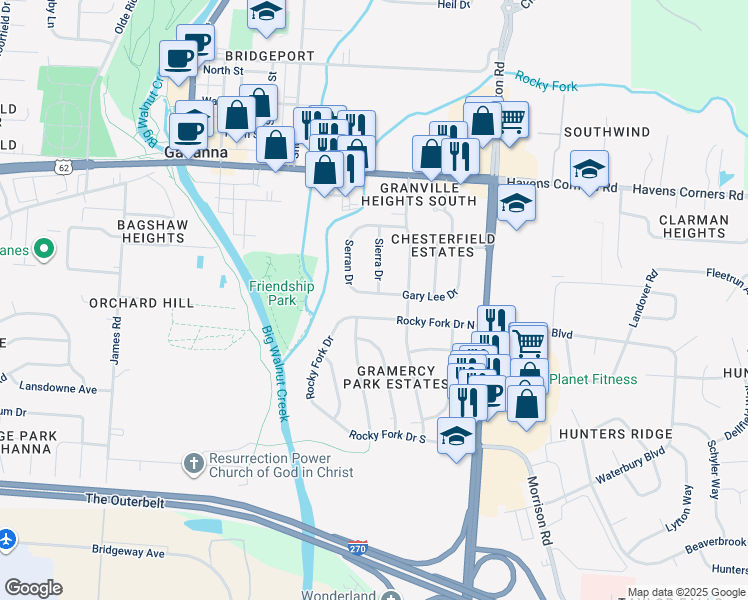 map of restaurants, bars, coffee shops, grocery stores, and more near 276 Rocky Fork Drive North in Columbus