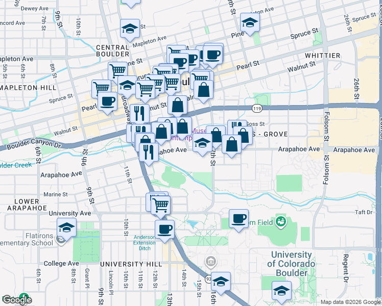 map of restaurants, bars, coffee shops, grocery stores, and more near 1500 Arapahoe Avenue in Boulder