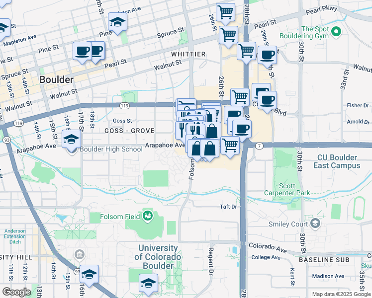 map of restaurants, bars, coffee shops, grocery stores, and more near 2350 Arapahoe Avenue in Boulder