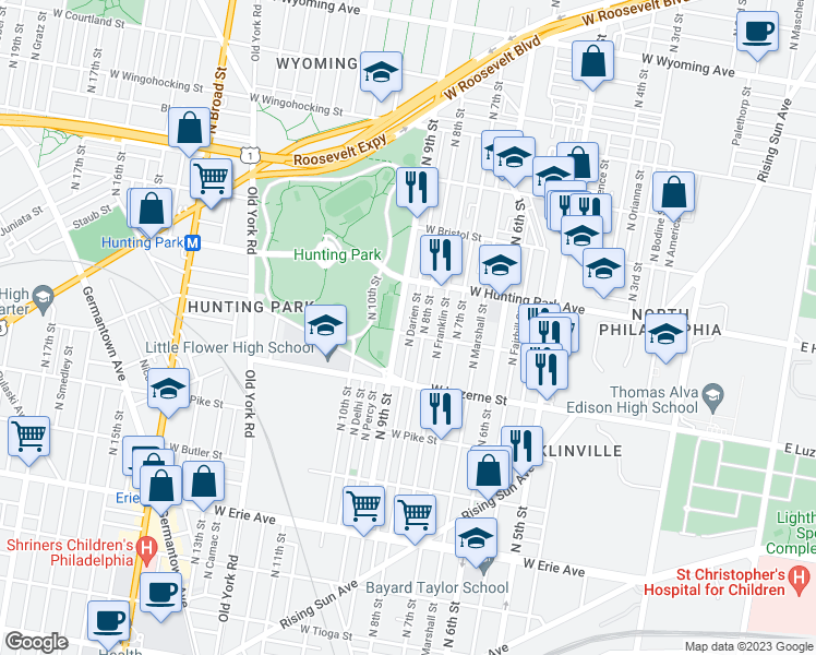 map of restaurants, bars, coffee shops, grocery stores, and more near 4104 North Darien Street in Philadelphia