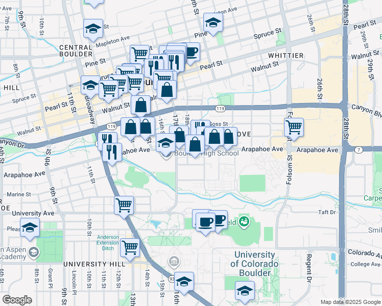 map of restaurants, bars, coffee shops, grocery stores, and more near 1430 18th Street in Boulder