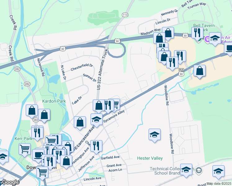 map of restaurants, bars, coffee shops, grocery stores, and more near 1 Black Hawk Circle in Downingtown