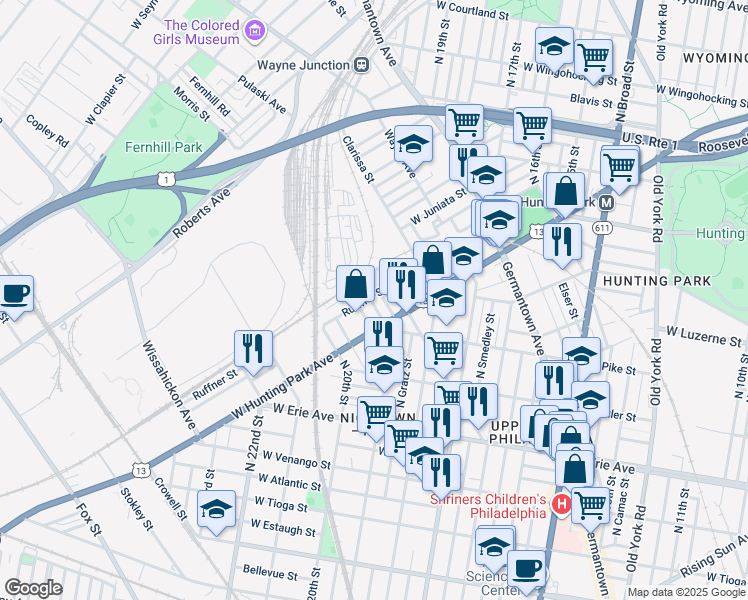 map of restaurants, bars, coffee shops, grocery stores, and more near 3945 Priscilla Street in Philadelphia