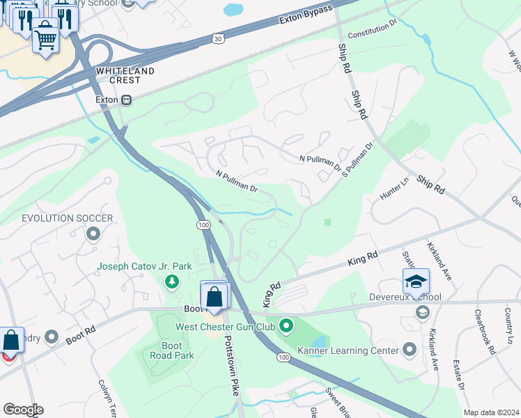 map of restaurants, bars, coffee shops, grocery stores, and more near 260 Walnut Springs Court in West Chester