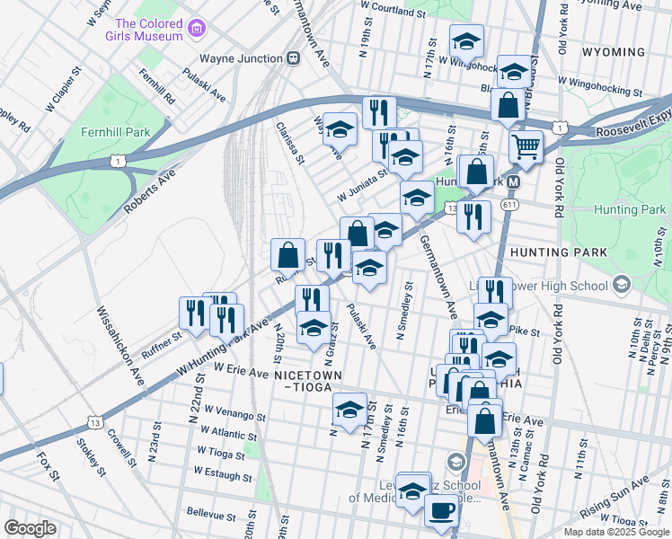 map of restaurants, bars, coffee shops, grocery stores, and more near 1865 West Hunting Park Avenue in Philadelphia