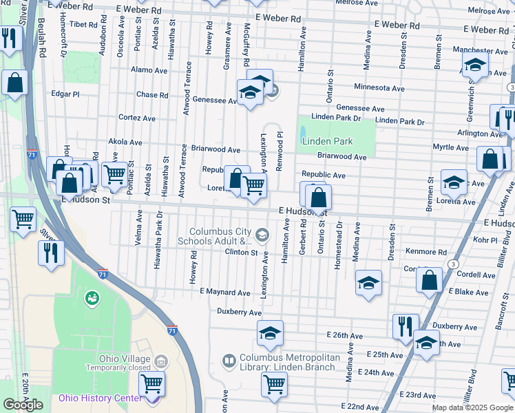 map of restaurants, bars, coffee shops, grocery stores, and more near 1084 1/2 East Hudson Street in Columbus