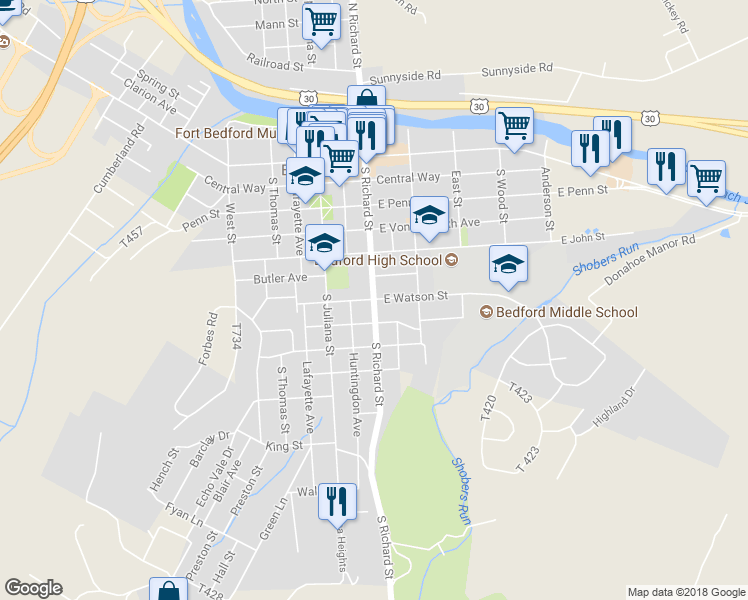 map of restaurants, bars, coffee shops, grocery stores, and more near 401 South Richard Street in Bedford