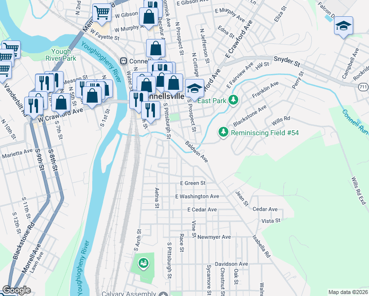 map of restaurants, bars, coffee shops, grocery stores, and more near 3 Run Avenue in Connellsville