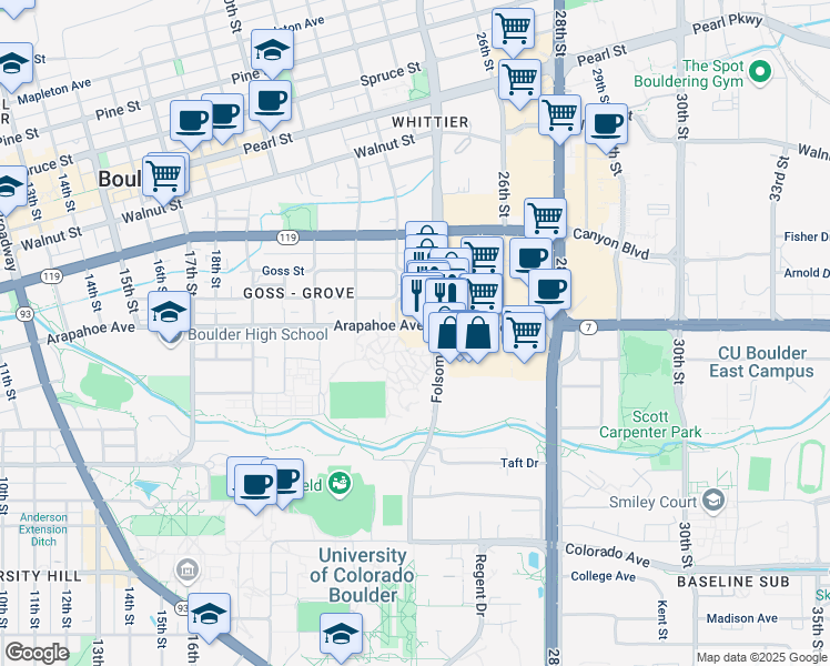map of restaurants, bars, coffee shops, grocery stores, and more near 2350 Arapahoe Avenue in Boulder