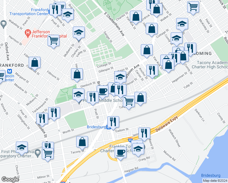 map of restaurants, bars, coffee shops, grocery stores, and more near 5308 Marsden Street in Philadelphia