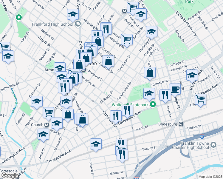map of restaurants, bars, coffee shops, grocery stores, and more near 1748 Margaret Street in Philadelphia