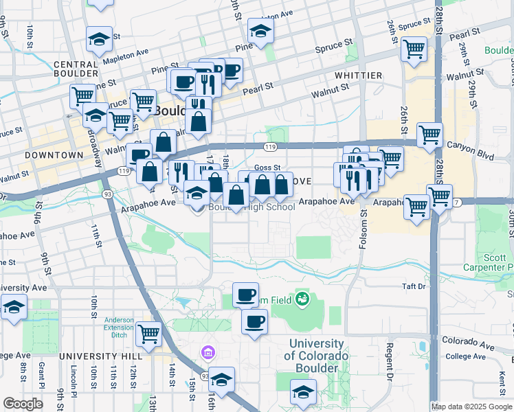 map of restaurants, bars, coffee shops, grocery stores, and more near 1410-1426 19th Street in Boulder