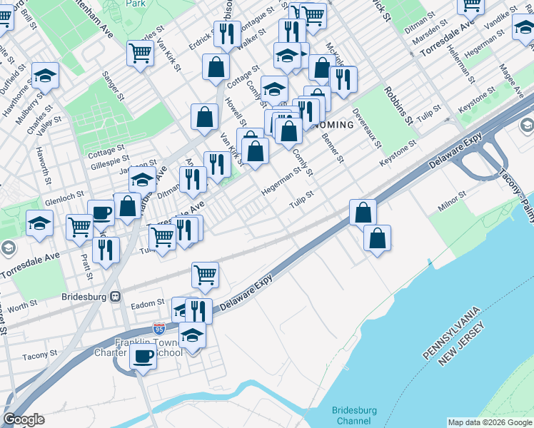 map of restaurants, bars, coffee shops, grocery stores, and more near 4914 Van Kirk Street in Philadelphia