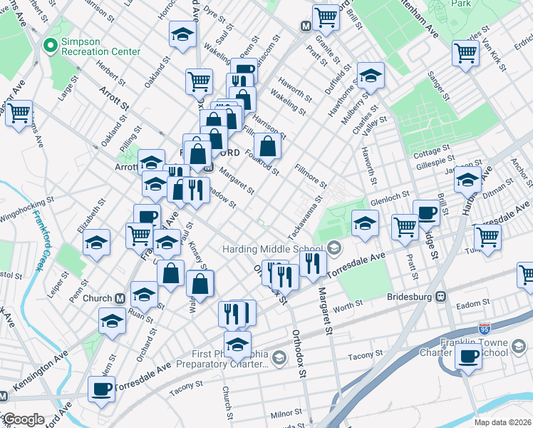 map of restaurants, bars, coffee shops, grocery stores, and more near 1732 Meadow Street in Philadelphia