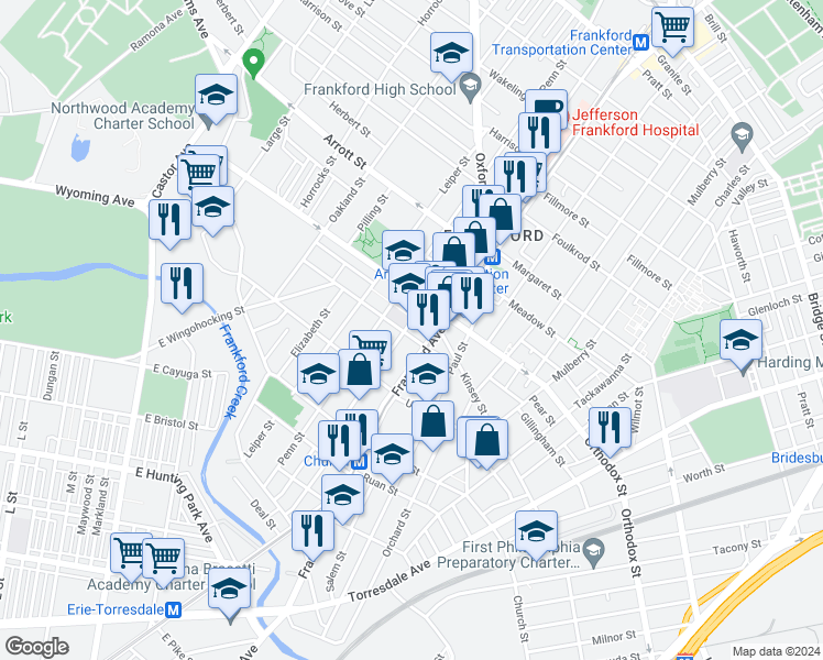 map of restaurants, bars, coffee shops, grocery stores, and more near 4458 Frankford Avenue in Philadelphia