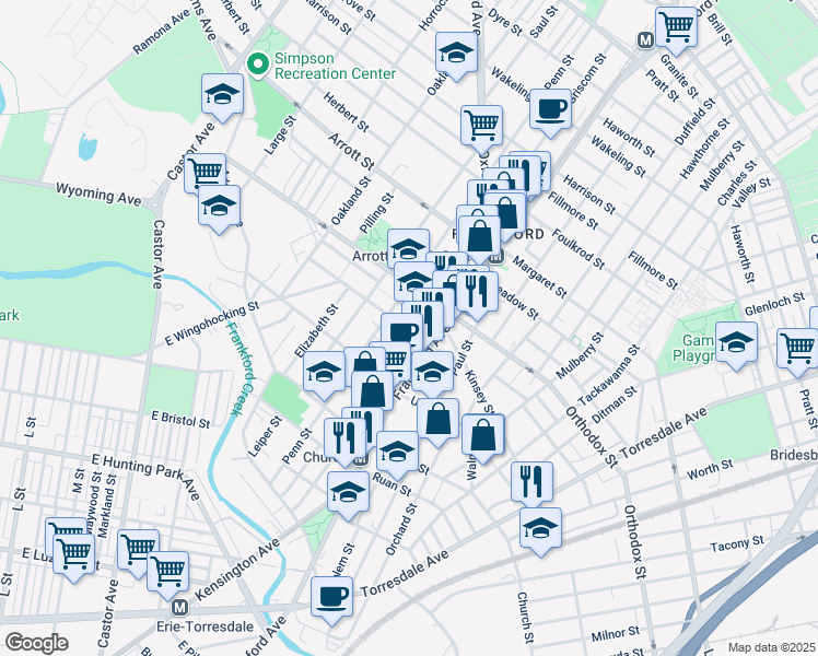 map of restaurants, bars, coffee shops, grocery stores, and more near 4458 Frankford Avenue in Philadelphia