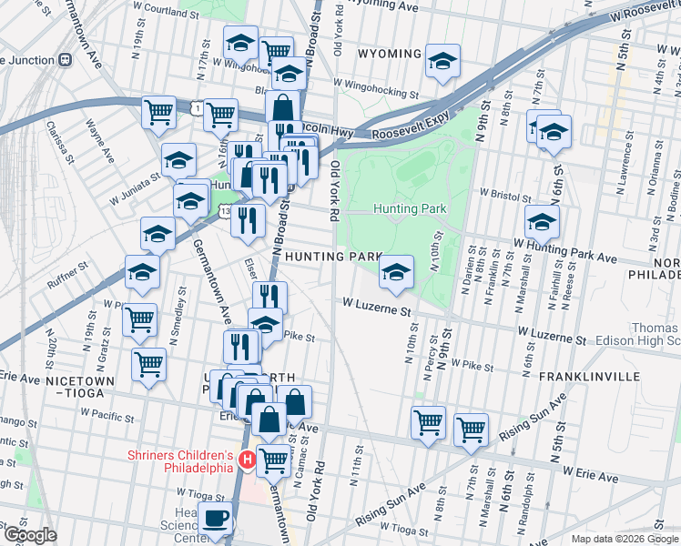 map of restaurants, bars, coffee shops, grocery stores, and more near 4023 Old York Road in Philadelphia