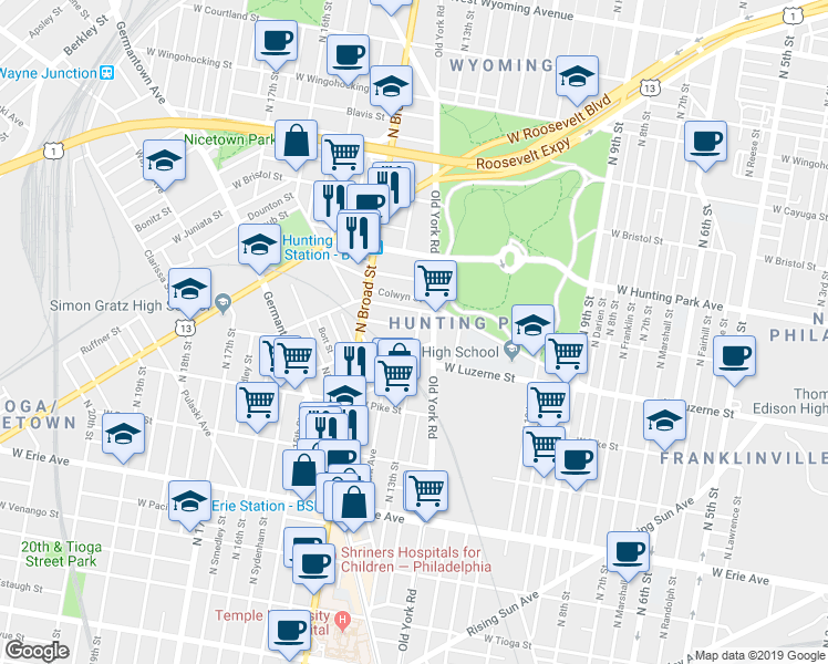 map of restaurants, bars, coffee shops, grocery stores, and more near 4000 North 13th Street in Philadelphia