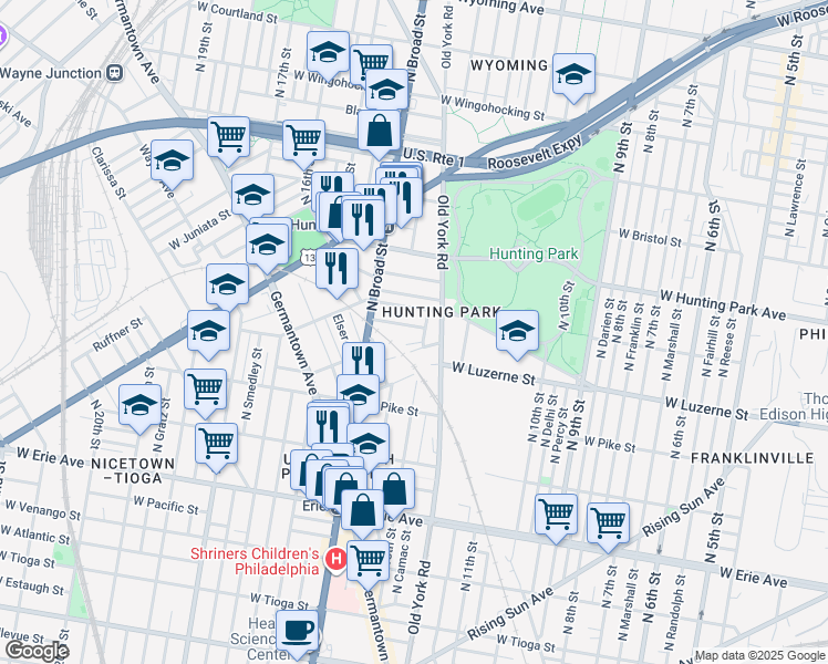 map of restaurants, bars, coffee shops, grocery stores, and more near 4000 North 13th Street in Philadelphia