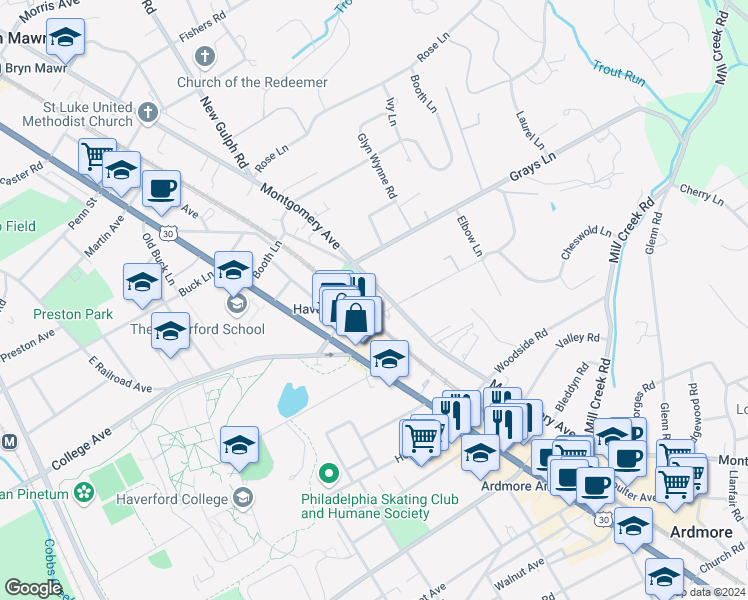 map of restaurants, bars, coffee shops, grocery stores, and more near 47 Haverford Station Road in Haverford